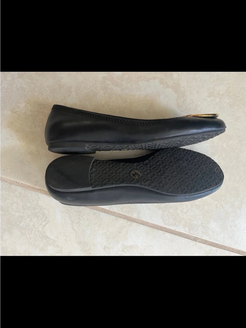 Tory Burch Black Leather Reva Ballet Flats with Gold Logo